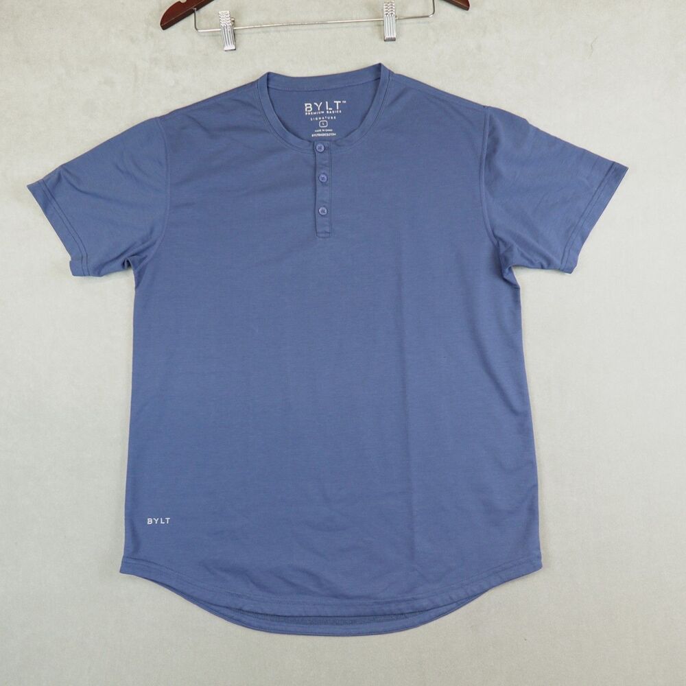 BYLT Shirt Mens Large Blue Drop Cut Henley Curved Hem Short Sleeve Top